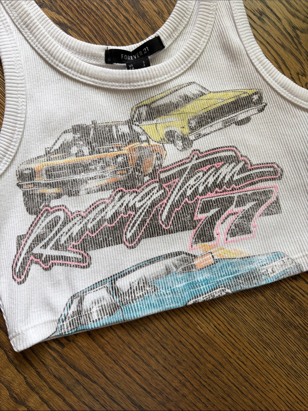 Forever 21 White Ribbed Crop Tank with Racing Car Graphic - Picture 2 of 4